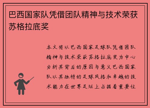 巴西国家队凭借团队精神与技术荣获苏格拉底奖
